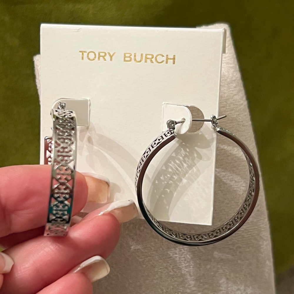 Tory Burch Intricate Silver tone Hoop Earrings